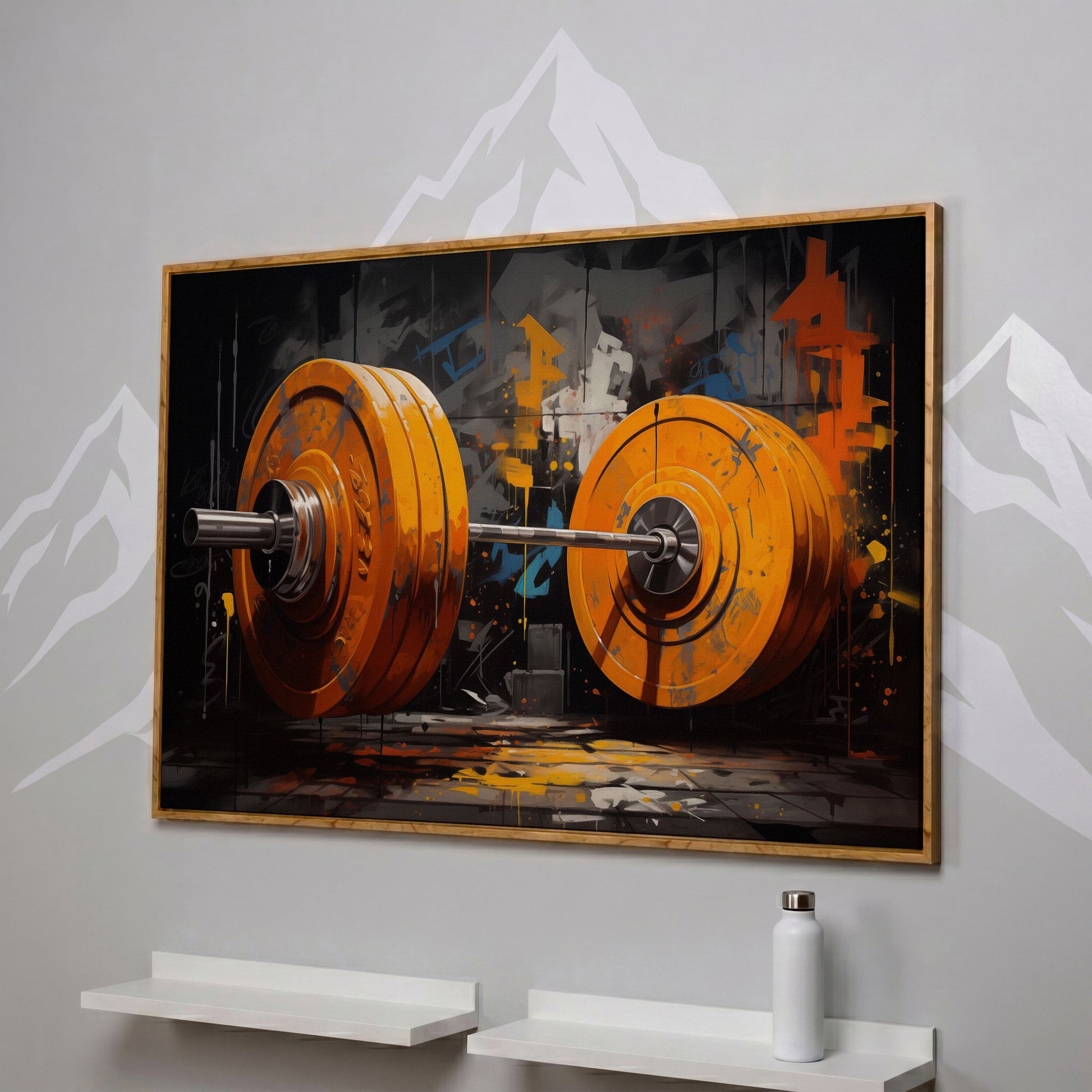 Barbell Canvas. Burnt Orange & Charcoal Gym Art in white oak floating frame