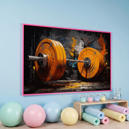 Barbell Canvas. Burnt Orange & Charcoal Gym Art in pink floating frame