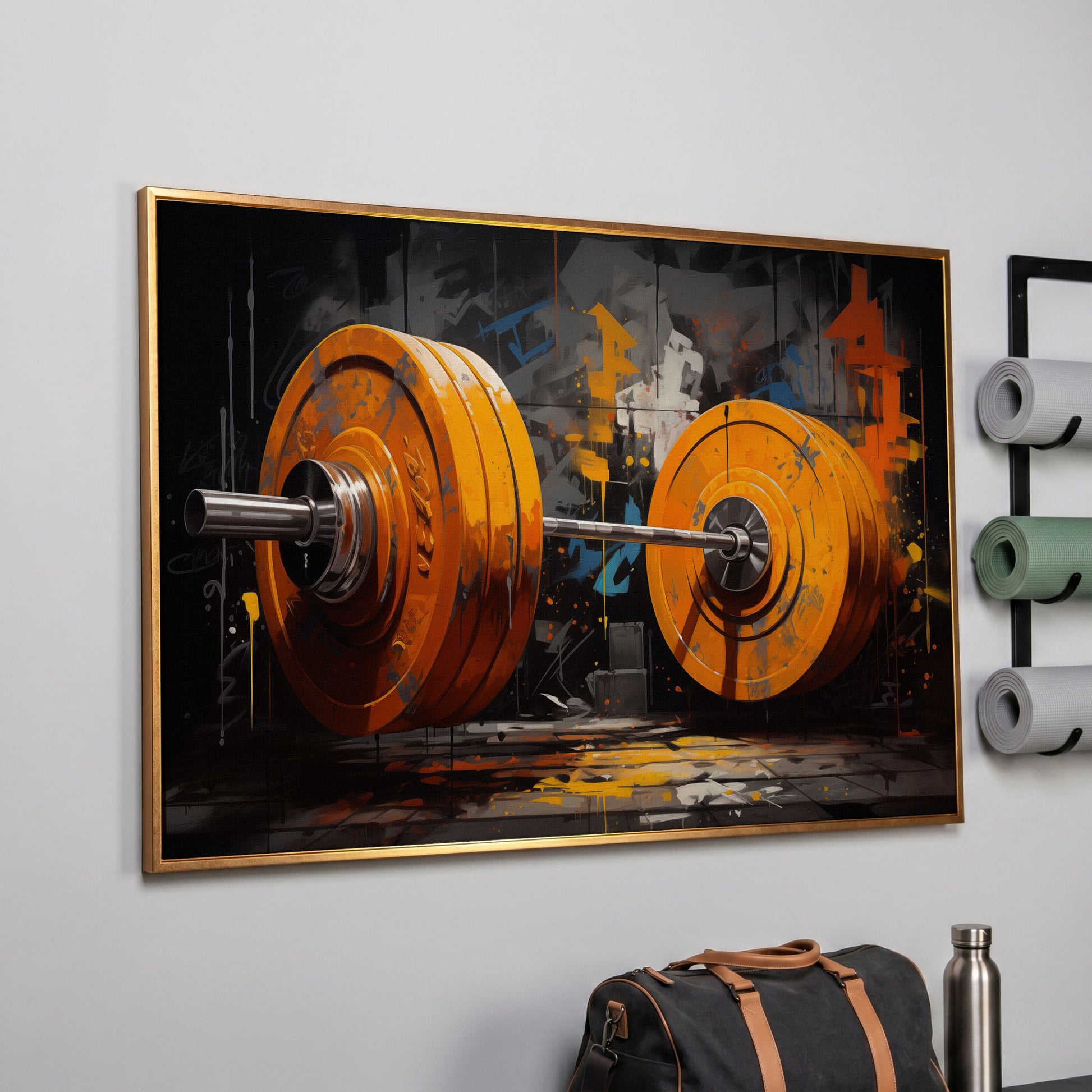 Barbell Canvas. Burnt Orange & Charcoal Gym Art in rose gold floating frame