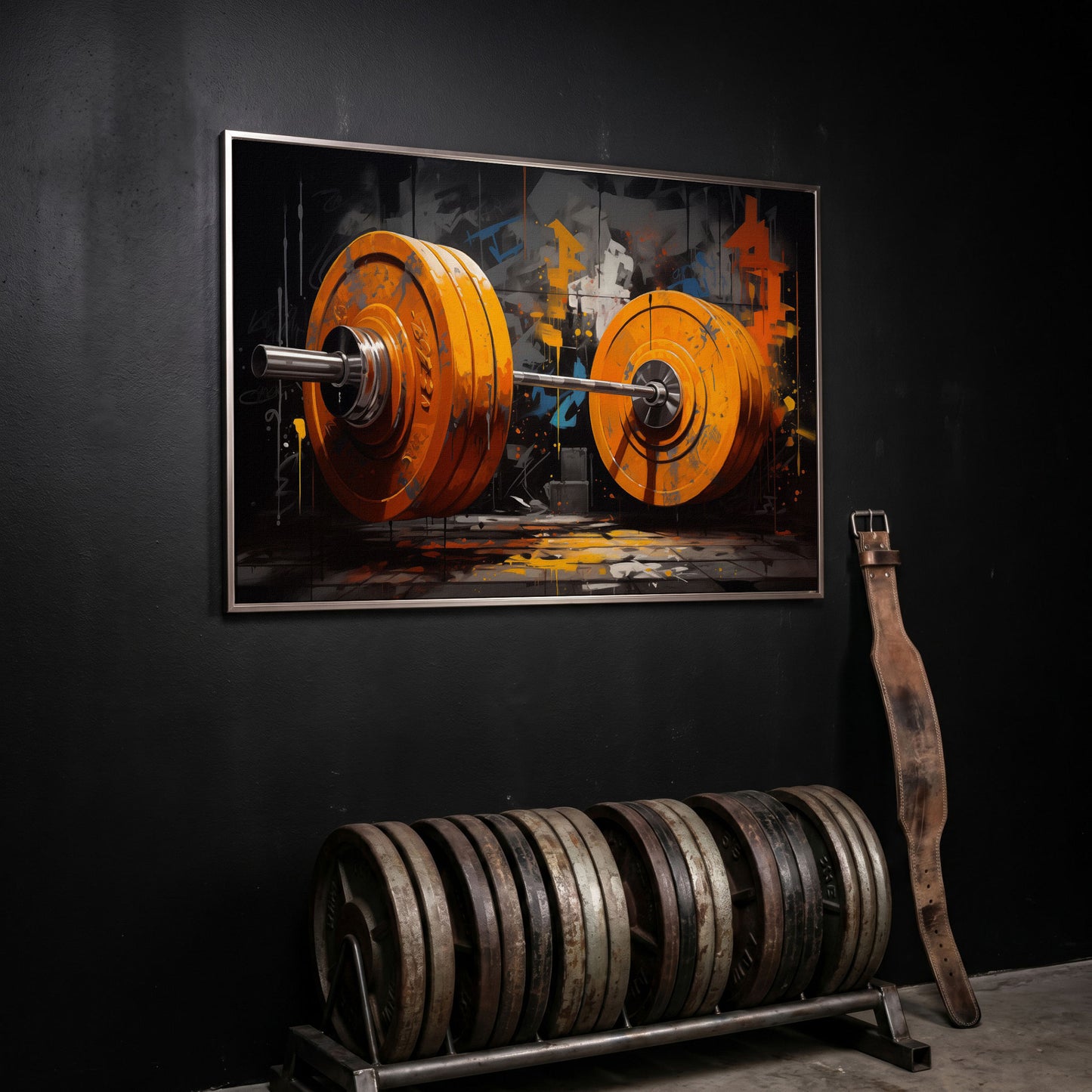 Barbell Canvas. Burnt Orange & Charcoal Gym Art in silver floating frame