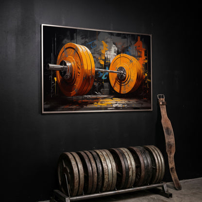 Barbell Canvas. Burnt Orange & Charcoal Gym Art in silver floating frame