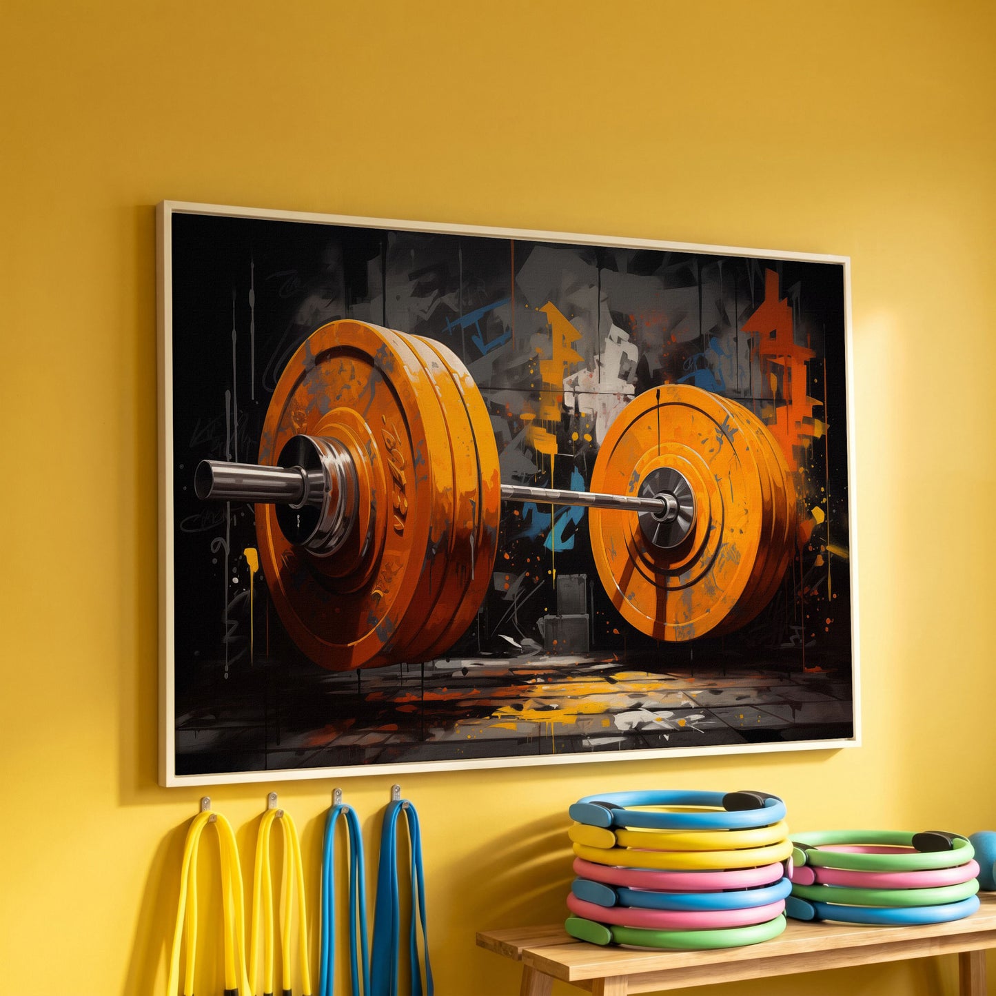 Barbell Canvas. Burnt Orange & Charcoal Gym Art in white floating frame