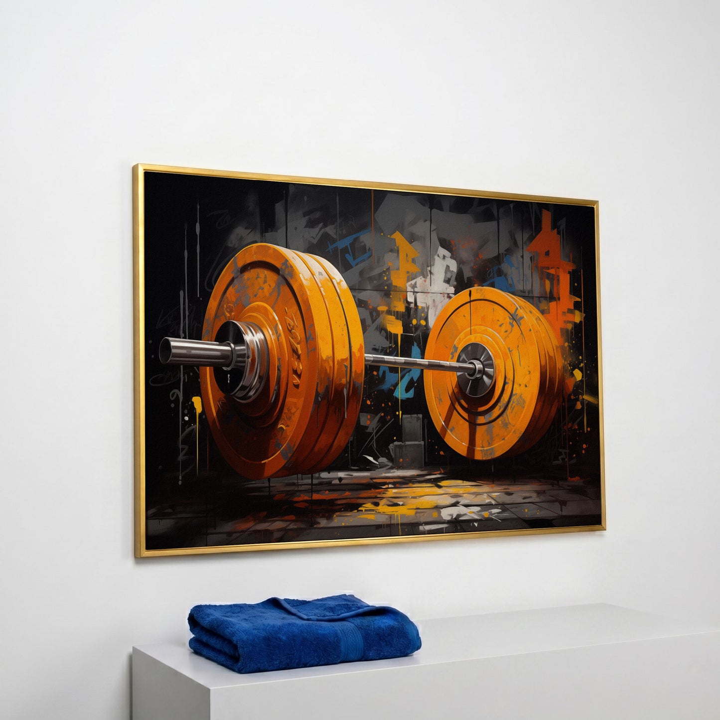 Barbell Canvas. Burnt Orange & Charcoal Gym Art in yellow gold floating frame