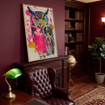 Colorful Owl Canvas Print with Pop-Art Energy in antique gold floating frame