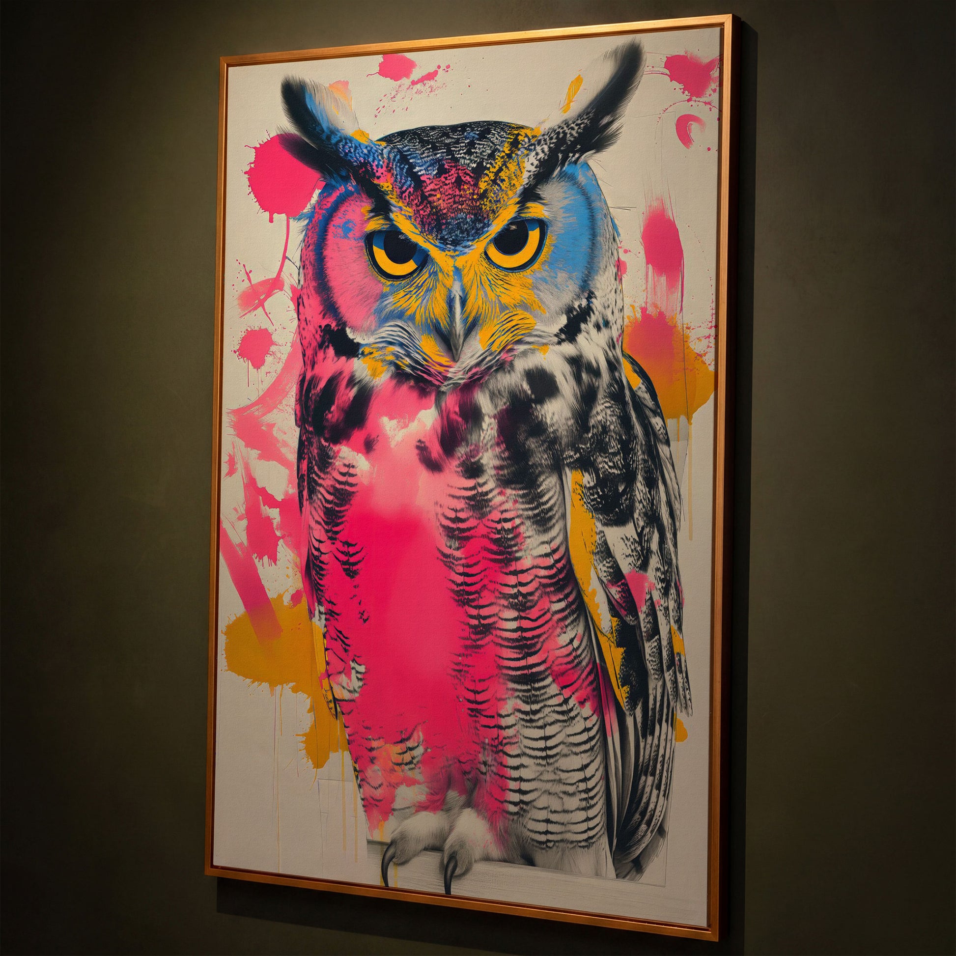 Colorful Owl Canvas Print with Pop-Art Energy shown in antique gold floating frame