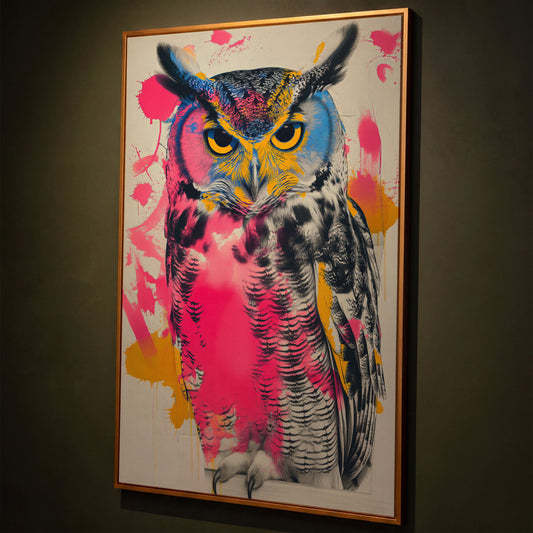 Colorful Owl Canvas Print with Pop-Art Energy shown in antique gold floating frame