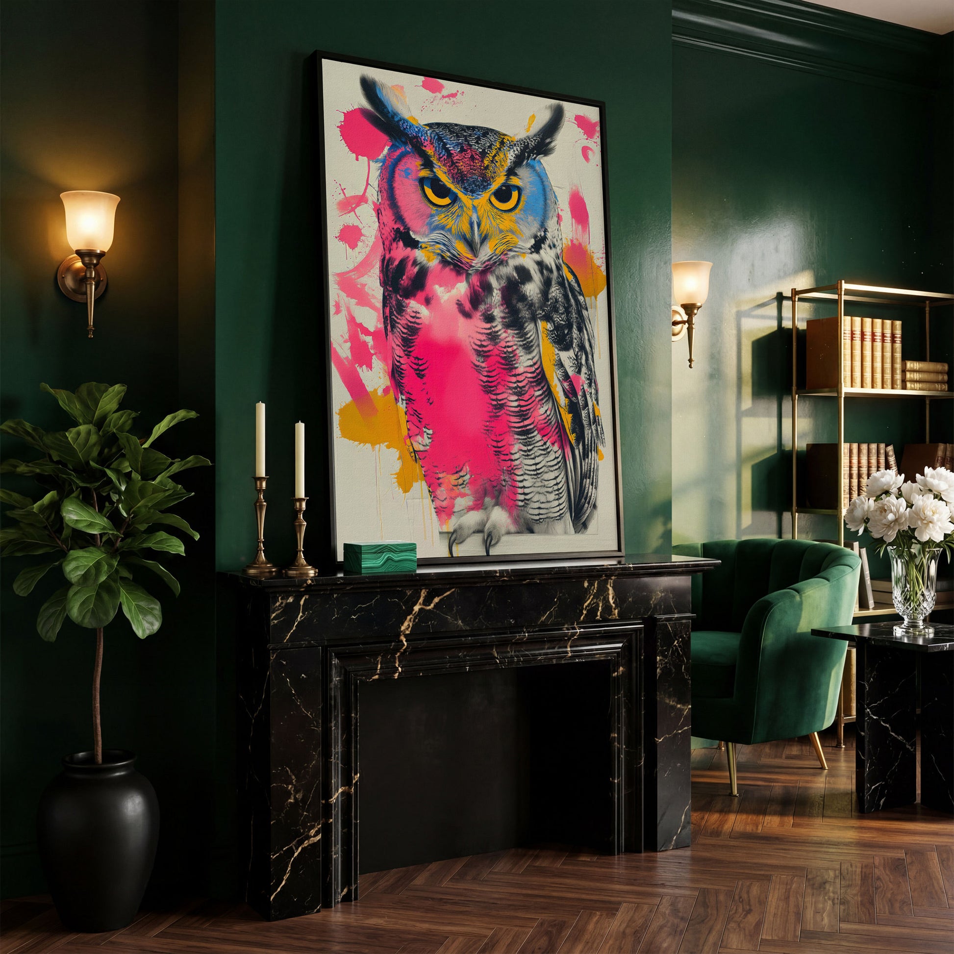 Colorful Owl Canvas Print with Pop-Art Energy in black floating frame