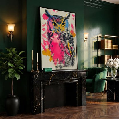 Colorful Owl Canvas Print with Pop-Art Energy in black floating frame