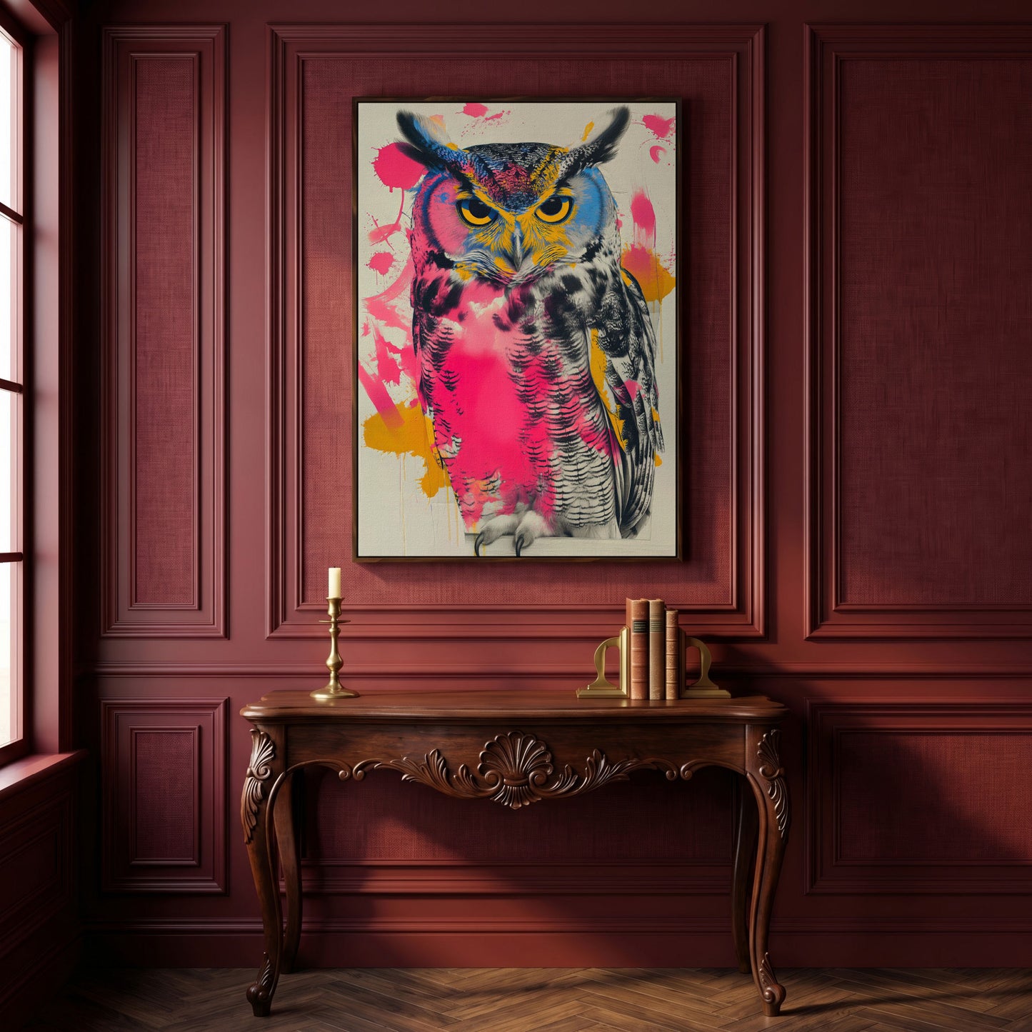 Colorful Owl Canvas Print with Pop-Art Energy in dark walnut floating frame