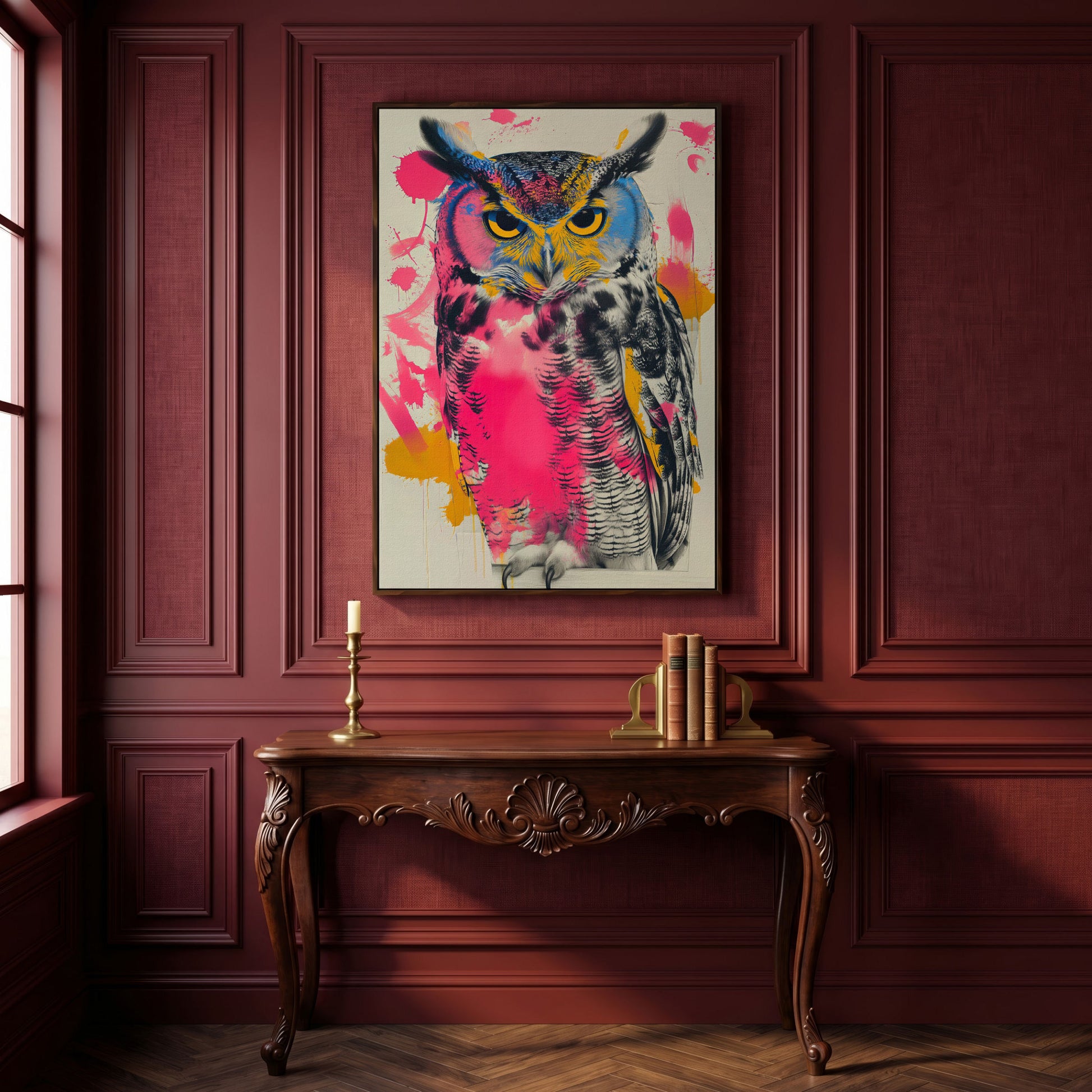 Colorful Owl Canvas Print with Pop-Art Energy in dark walnut floating frame