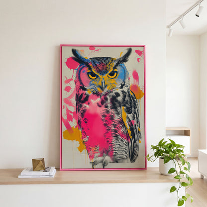 Colorful Owl Canvas Print with Pop-Art Energy in pink floating frame