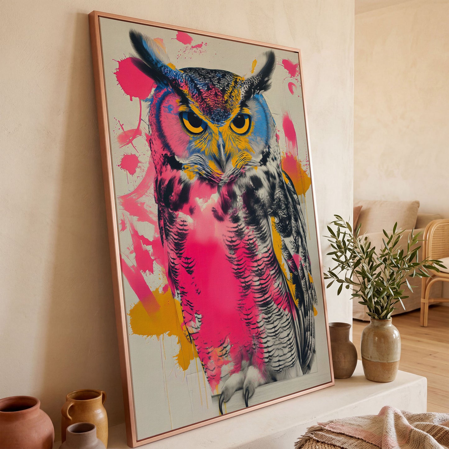 Colorful Owl Canvas Print with Pop-Art Energy in rose gold floating frame