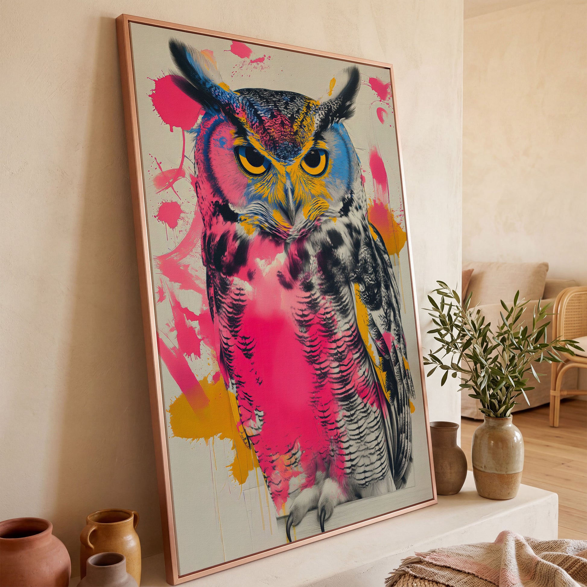 Colorful Owl Canvas Print with Pop-Art Energy in rose gold floating frame