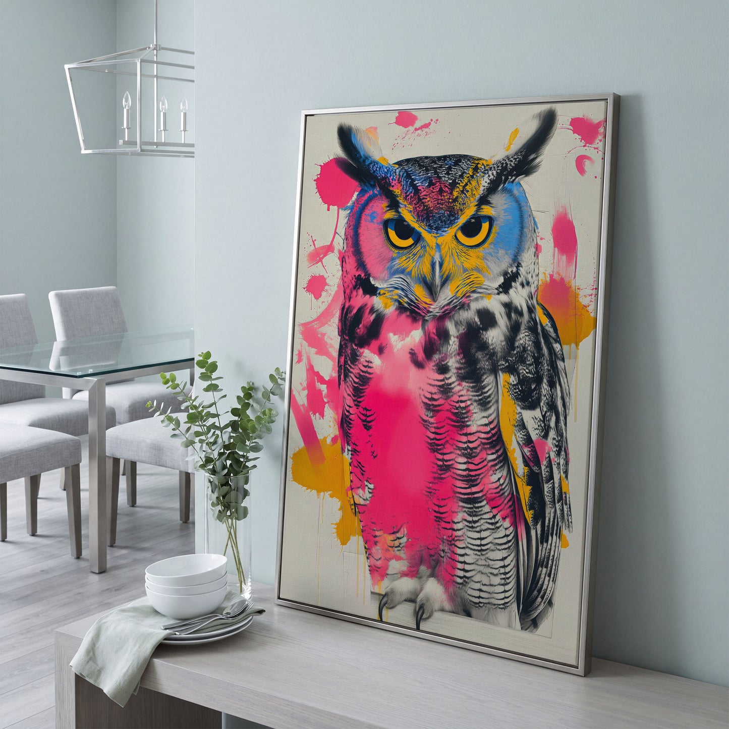 Colorful Owl Canvas Print with Pop-Art Energy in silver floating frame