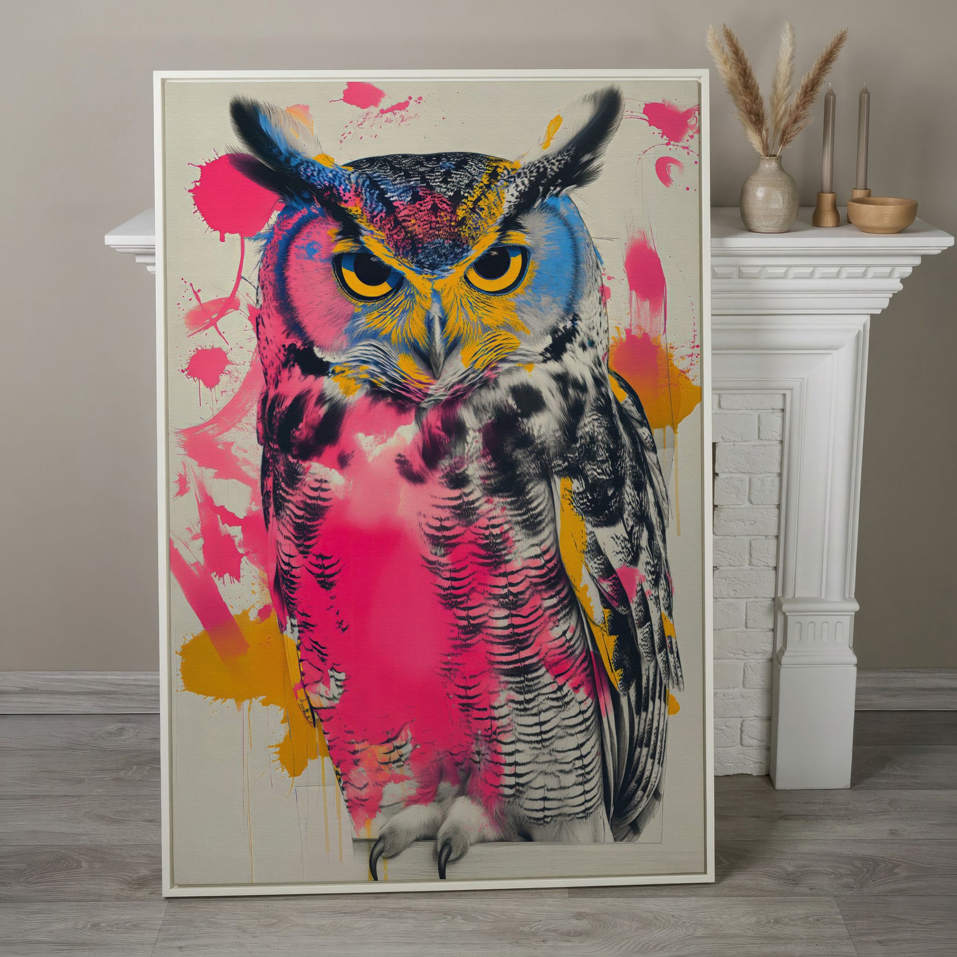 Colorful Owl Canvas Print with Pop-Art Energy in white floating frame