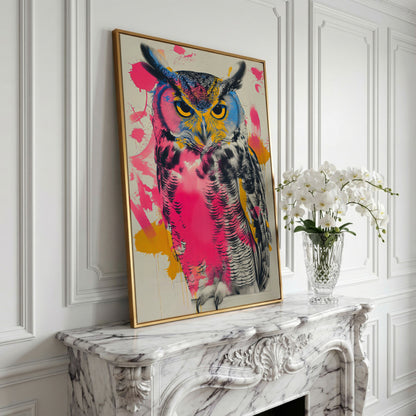Colorful Owl Canvas Print with Pop-Art Energy in yellow gold floating frame