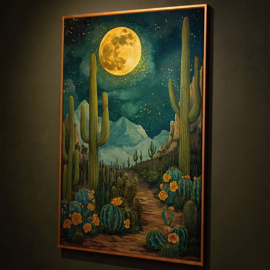 Desert Cactus and Blooms Canvas Print shown in antique gold floating frame