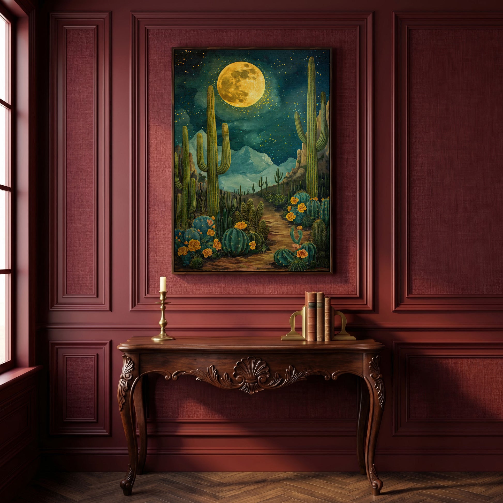 Desert Cactus and Blooms Canvas Print in dark walnut floating frame