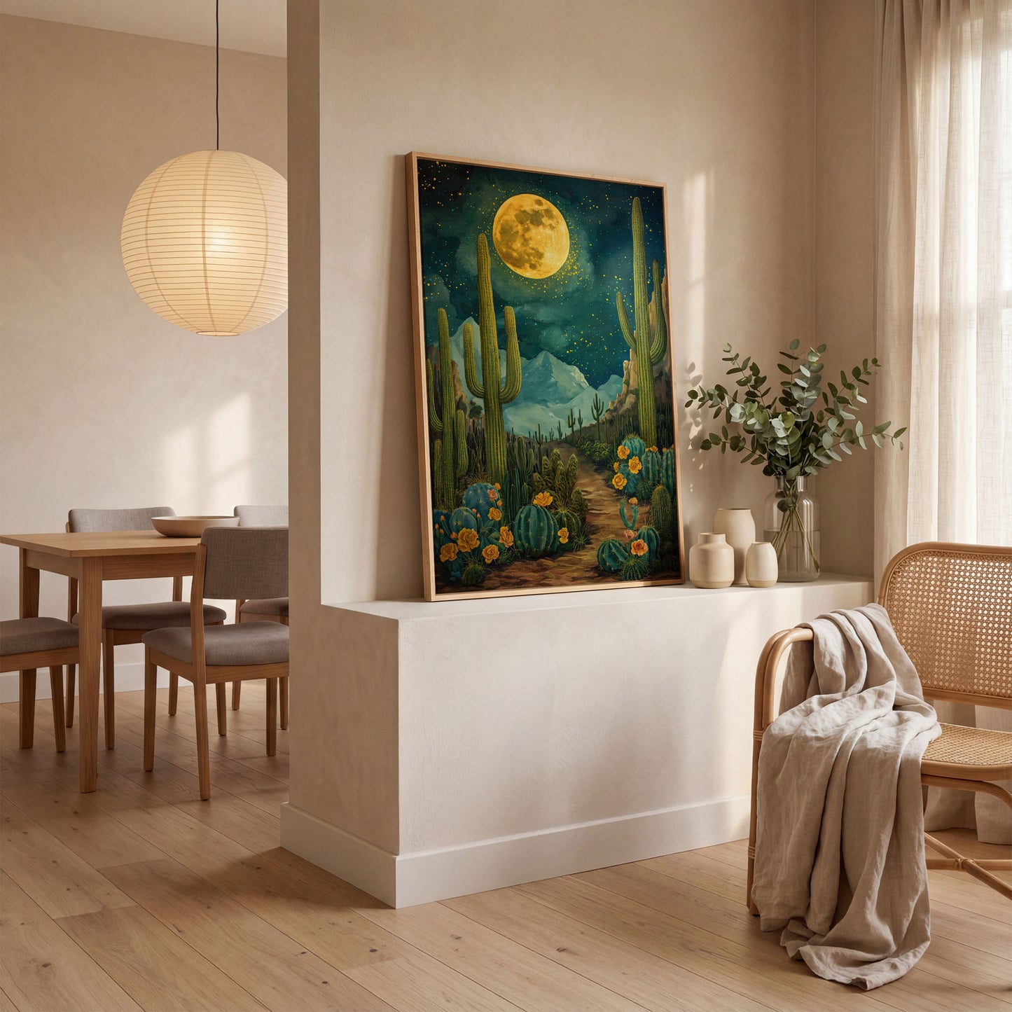 Desert Cactus and Blooms Canvas Print in white oak floating frame