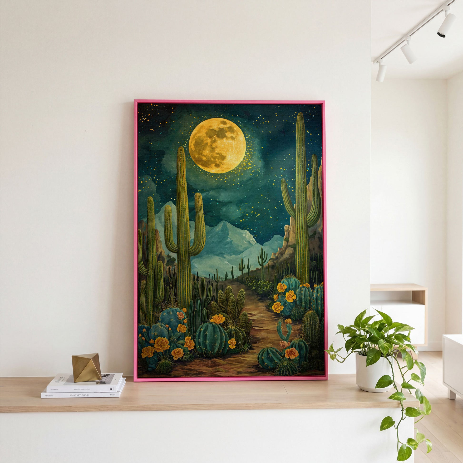 Desert Cactus and Blooms Canvas Print in pink floating frame