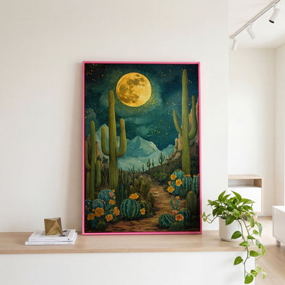 Desert Cactus and Blooms Canvas Print in pink floating frame