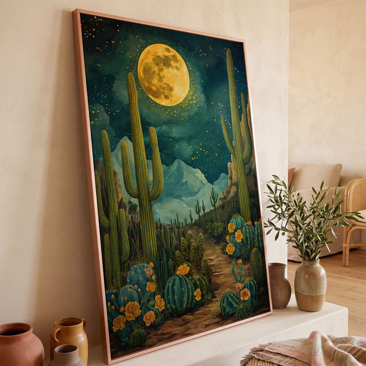 Desert Cactus and Blooms Canvas Print in rose gold floating frame