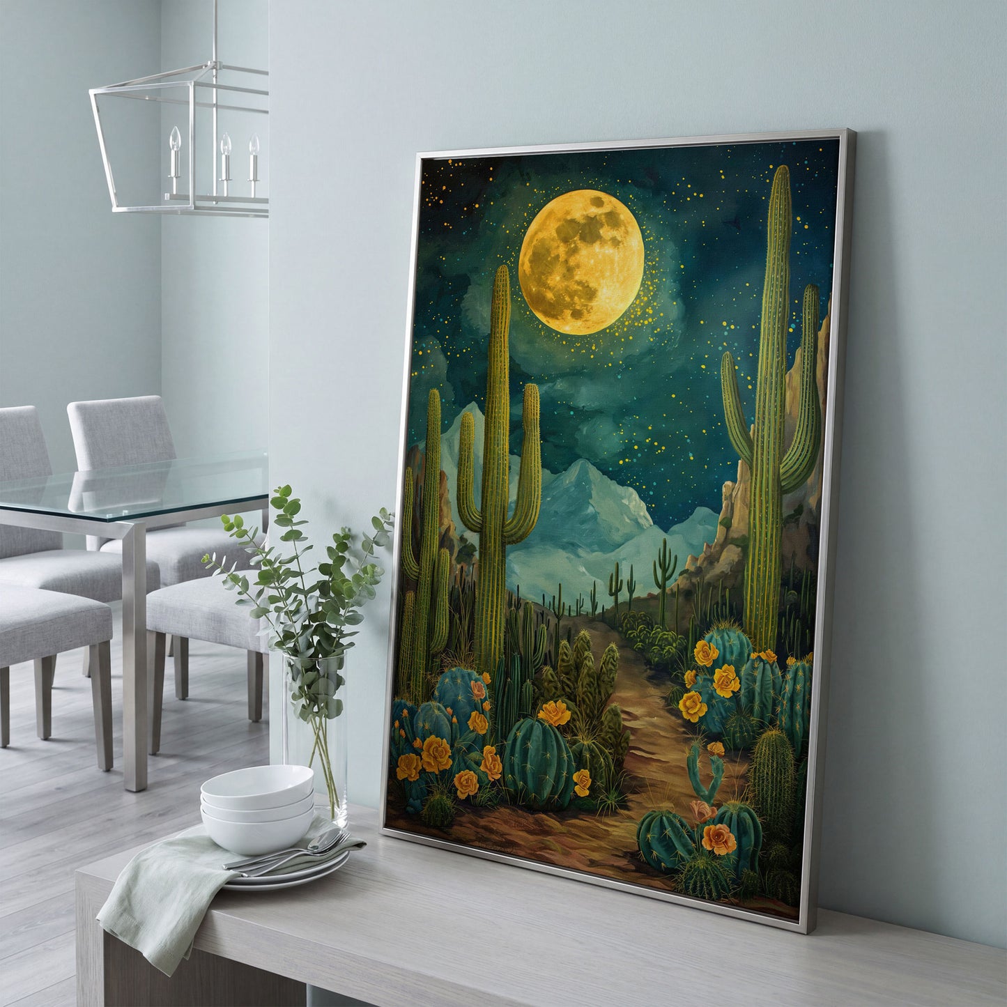 Desert Cactus and Blooms Canvas Print in silver floating frame