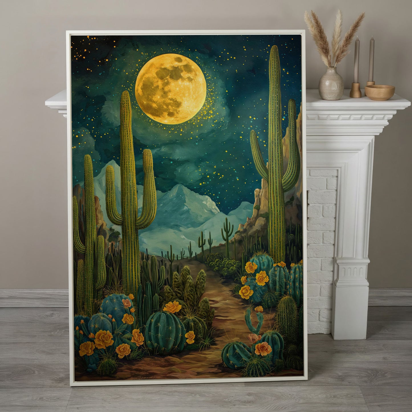 Desert Cactus and Blooms Canvas Print in white floating frame