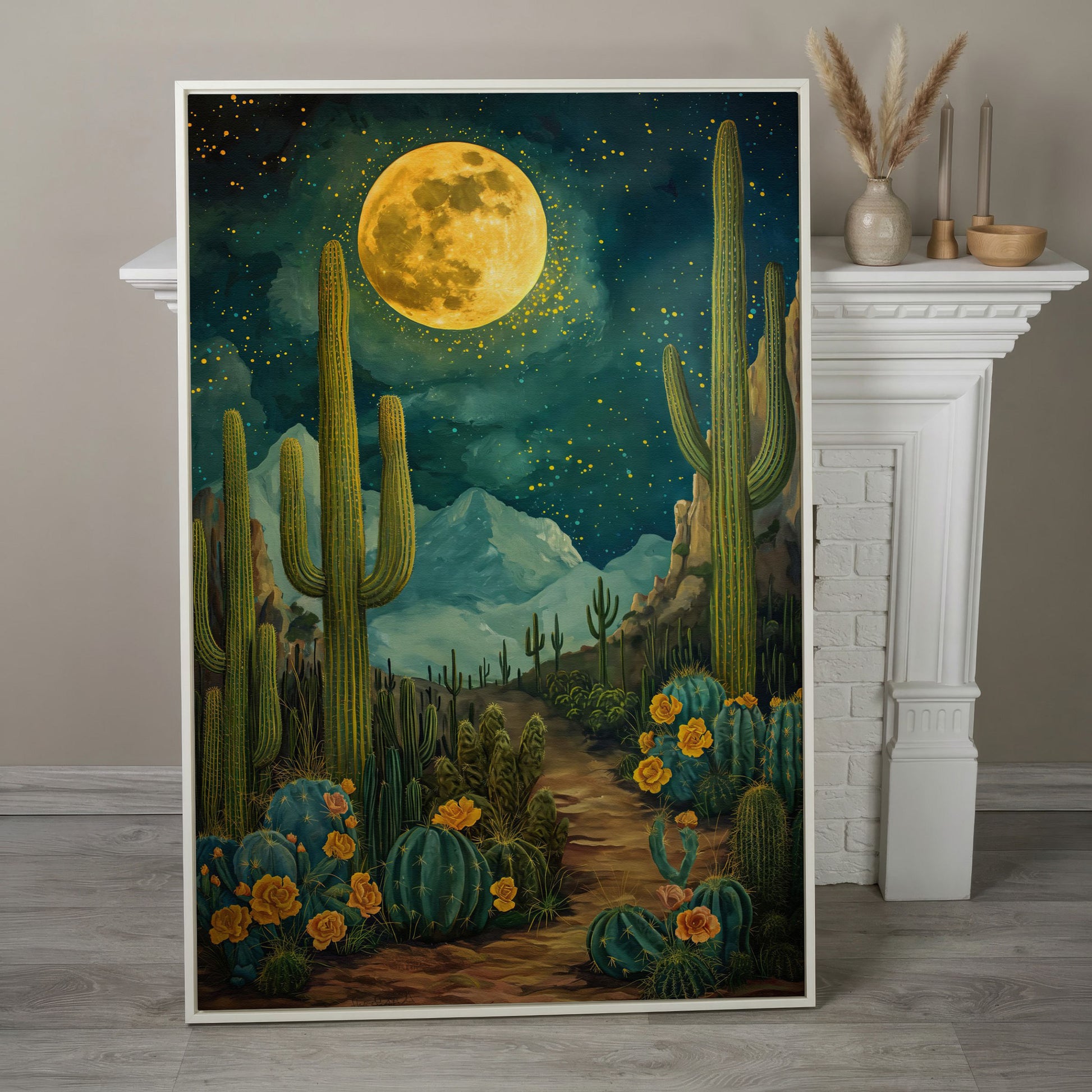 Desert Cactus and Blooms Canvas Print in white floating frame