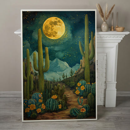 Desert Cactus and Blooms Canvas Print in white floating frame