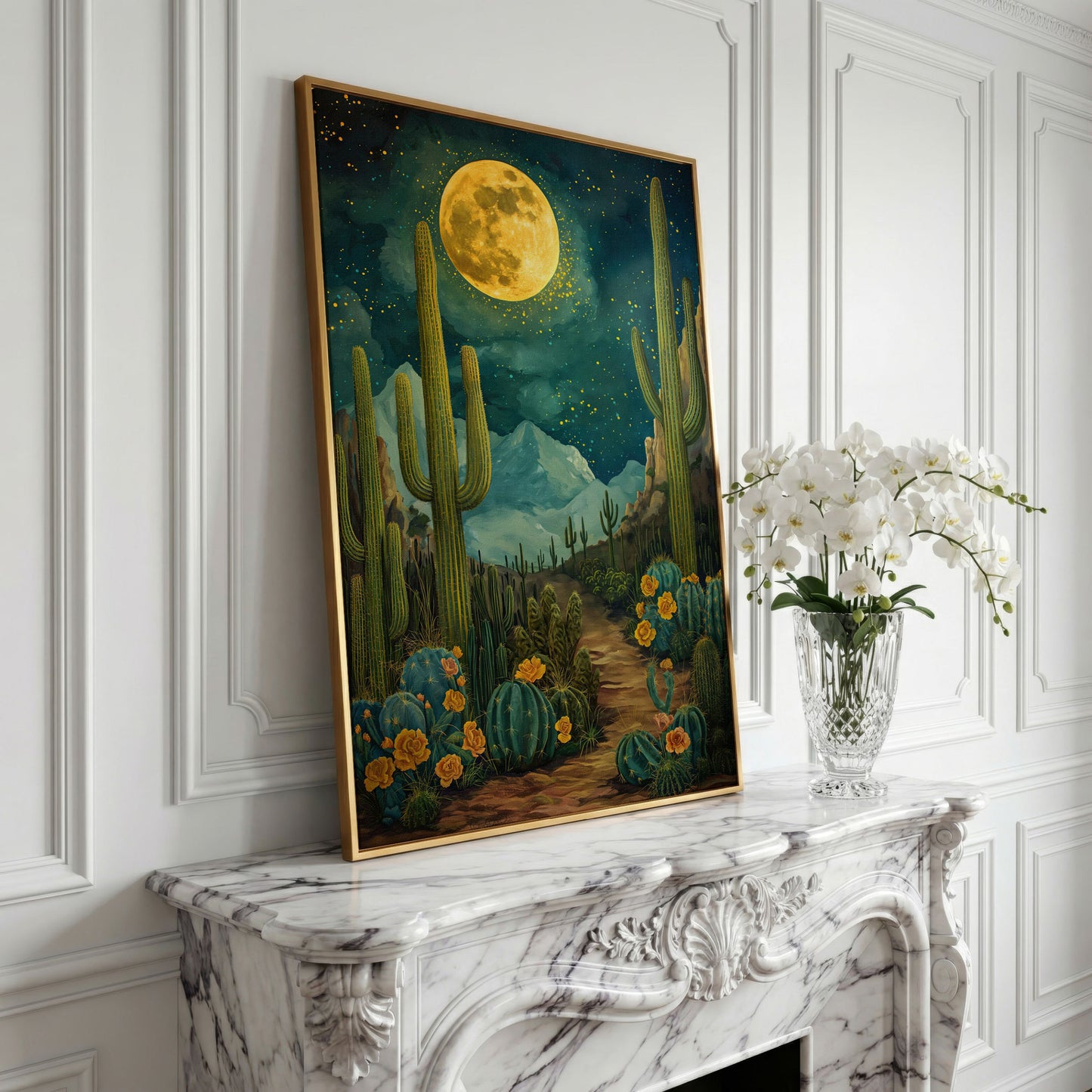 Desert Cactus and Blooms Canvas Print in yellow gold floating frame