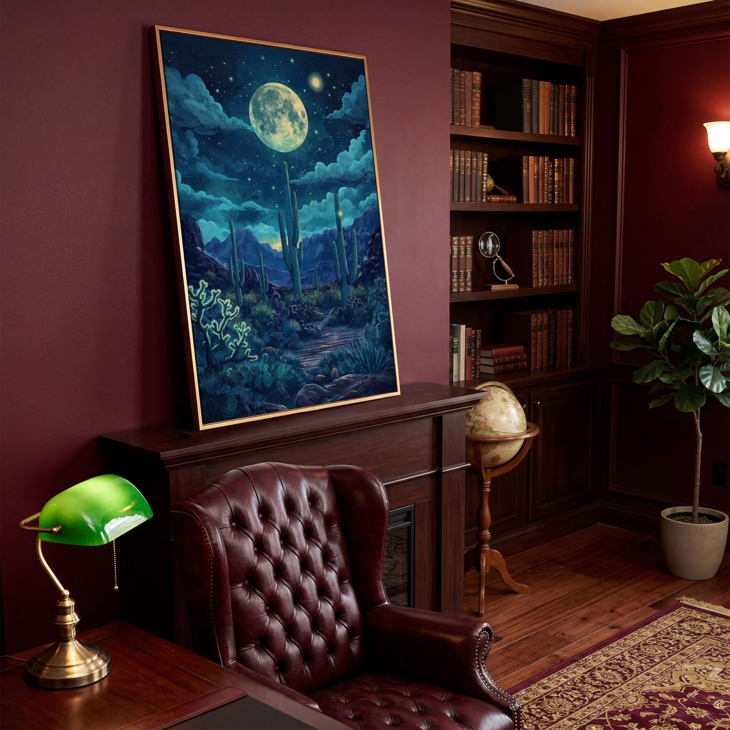 Moonlit Desert Landscape Canvas in antique gold floating frame