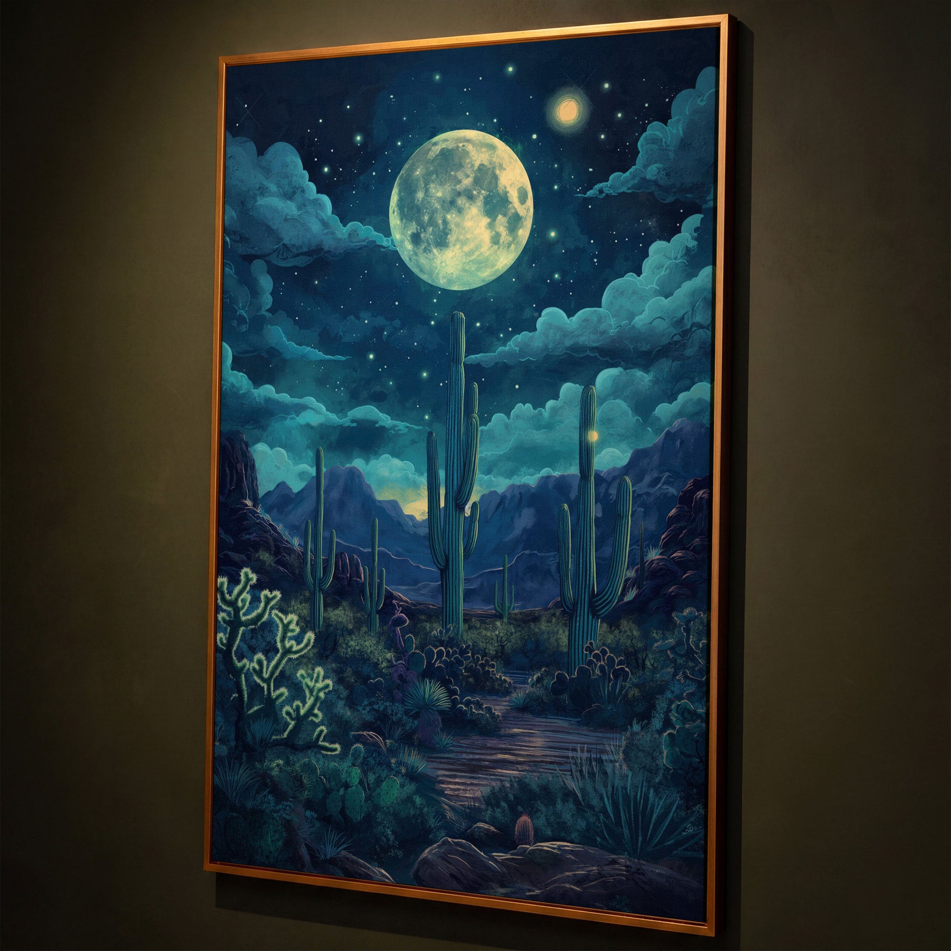 Moonlit Desert Landscape Canvas shown in antique gold floating frame