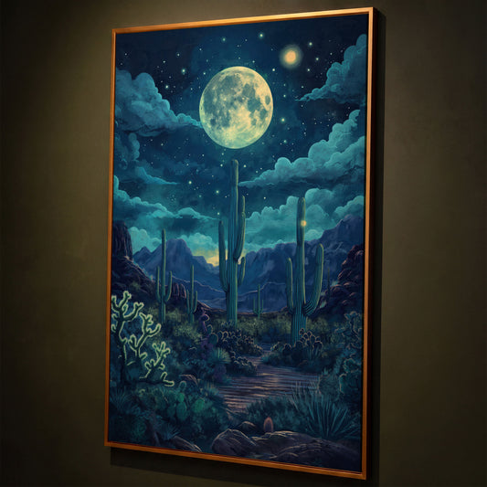 Moonlit Desert Landscape Canvas shown in antique gold floating frame