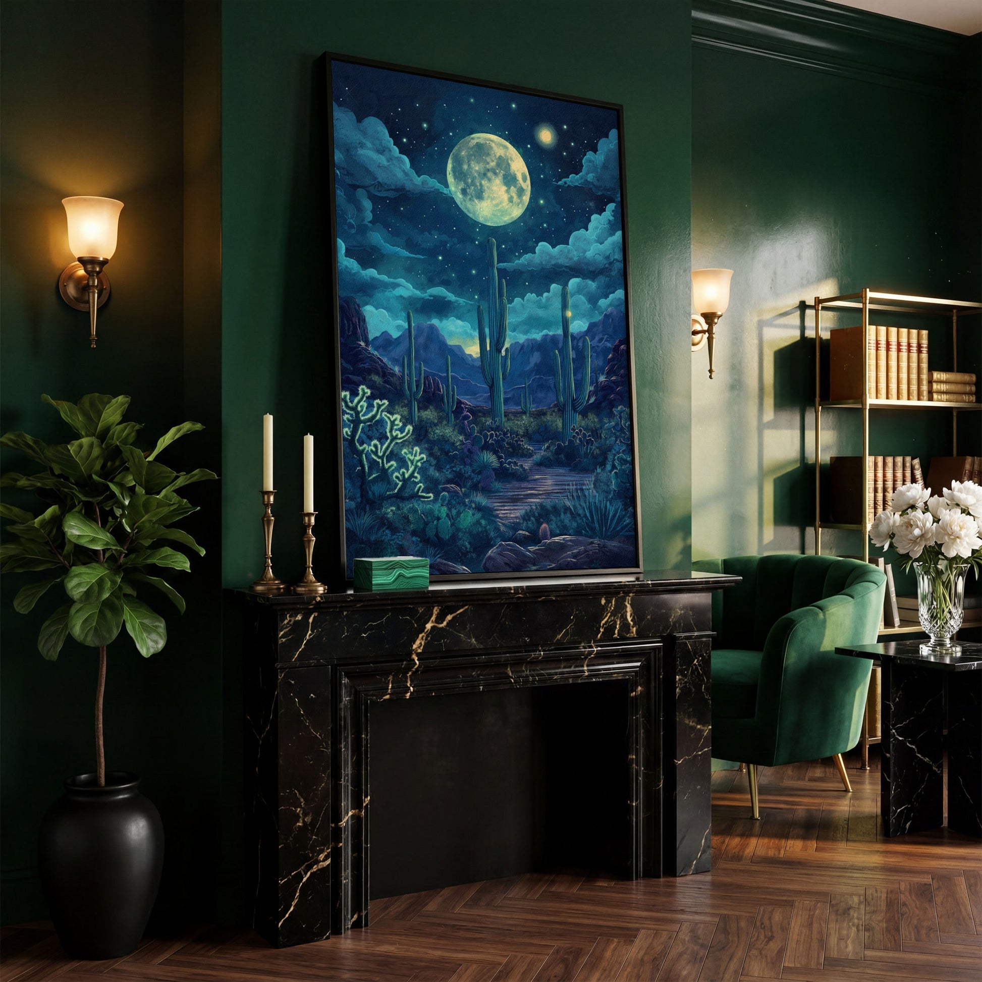 Moonlit Desert Landscape Canvas in black floating frame