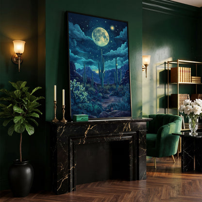 Moonlit Desert Landscape Canvas in black floating frame