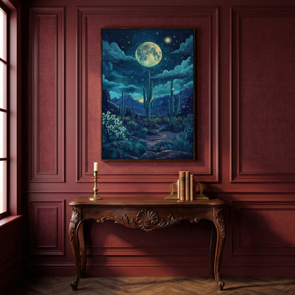 Moonlit Desert Landscape Canvas in dark walnut floating frame