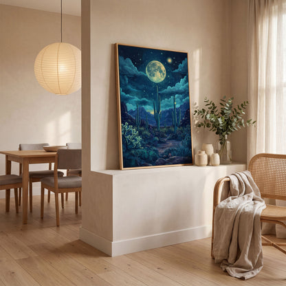 Moonlit Desert Landscape Canvas in white oak floating frame