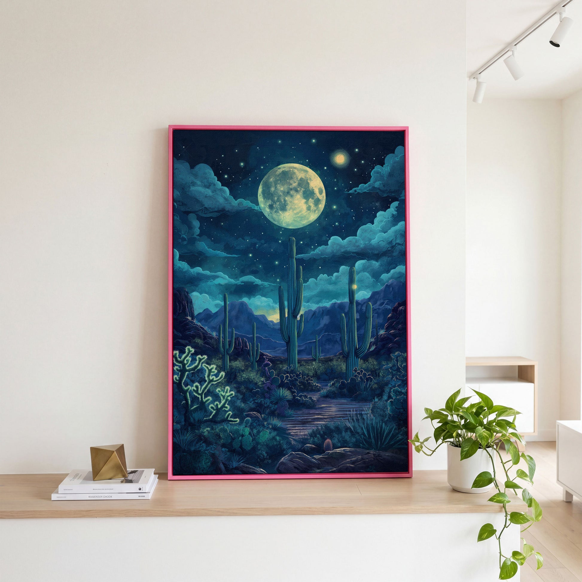 Moonlit Desert Landscape Canvas in pink floating frame