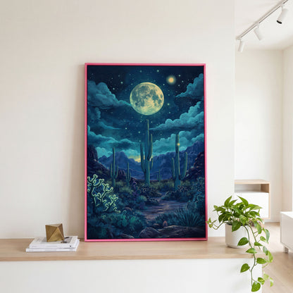 Moonlit Desert Landscape Canvas in pink floating frame