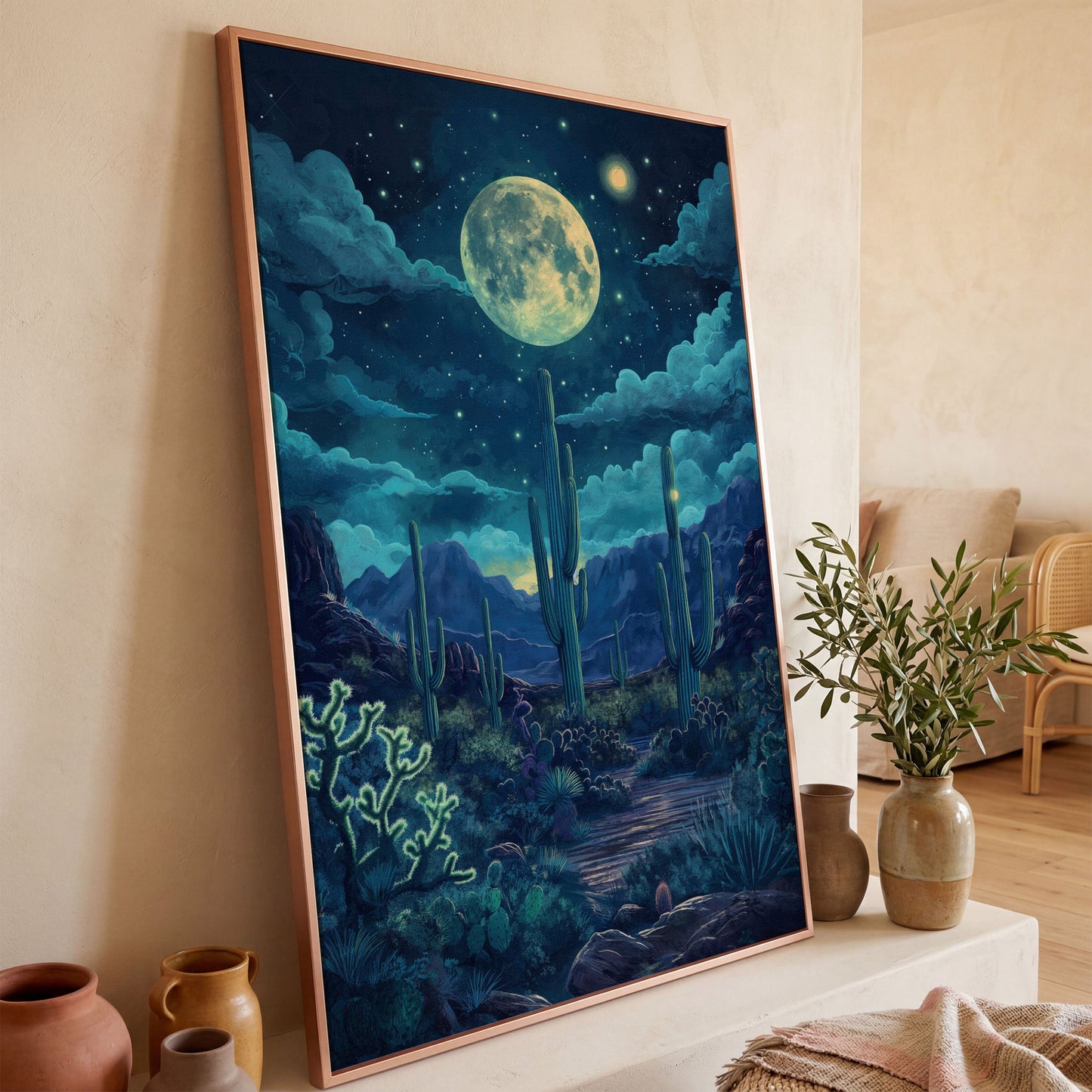 Moonlit Desert Landscape Canvas in rose gold floating frame