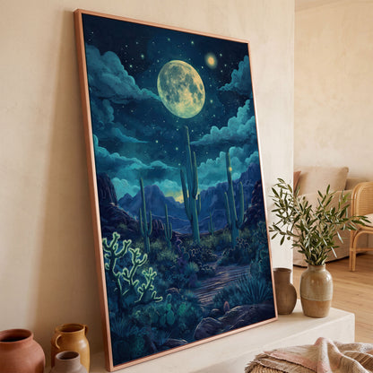 Moonlit Desert Landscape Canvas in rose gold floating frame