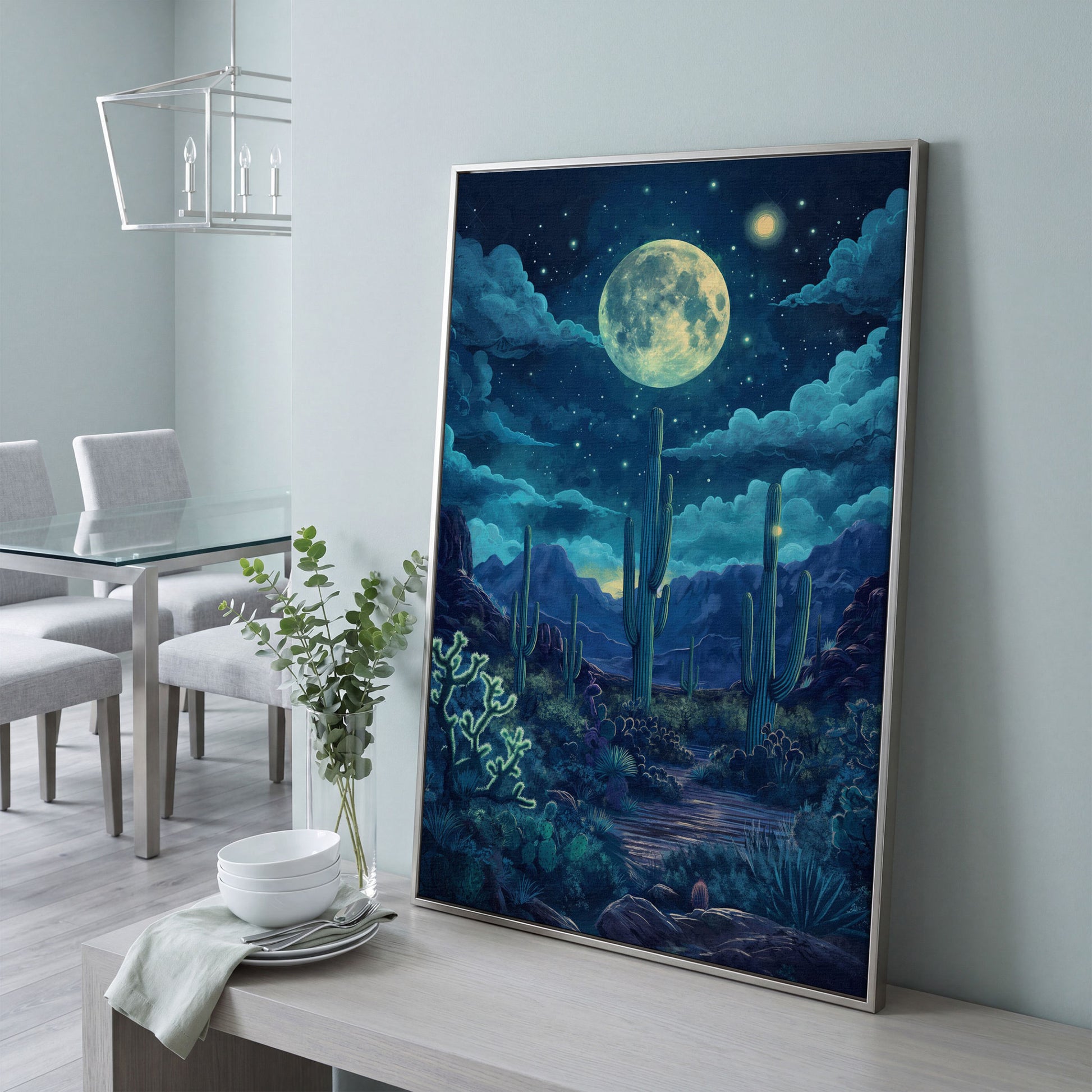 Moonlit Desert Landscape Canvas in silver floating frame