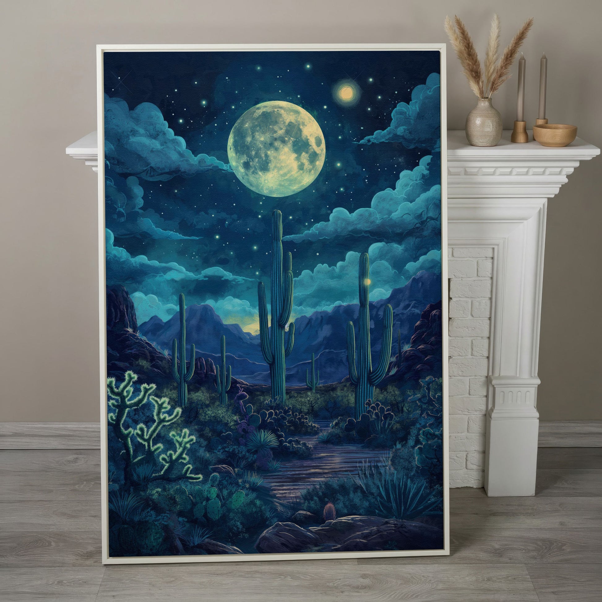 Moonlit Desert Landscape Canvas in white floating frame