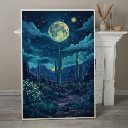 Moonlit Desert Landscape Canvas in white floating frame