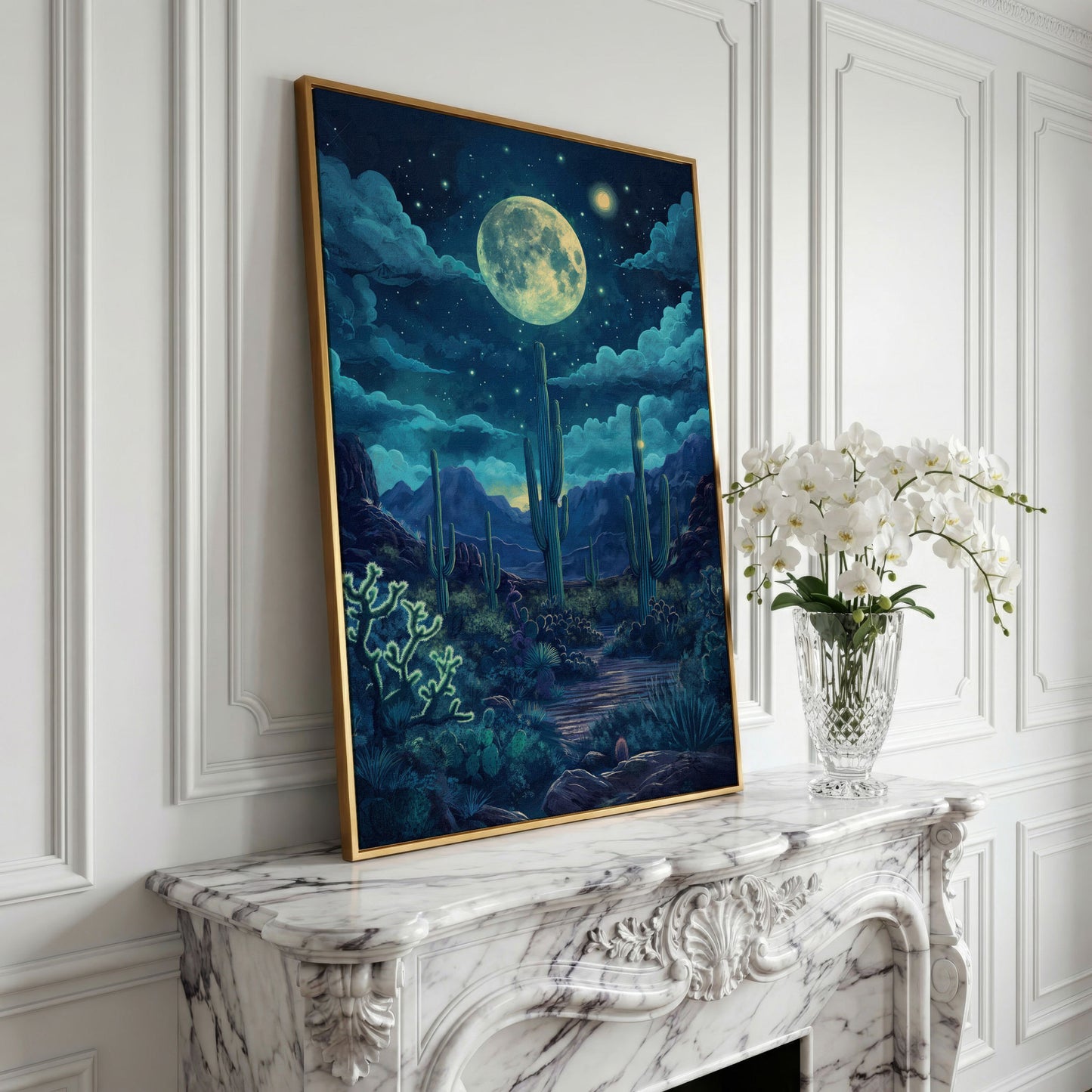 Moonlit Desert Landscape Canvas in yellow gold floating frame
