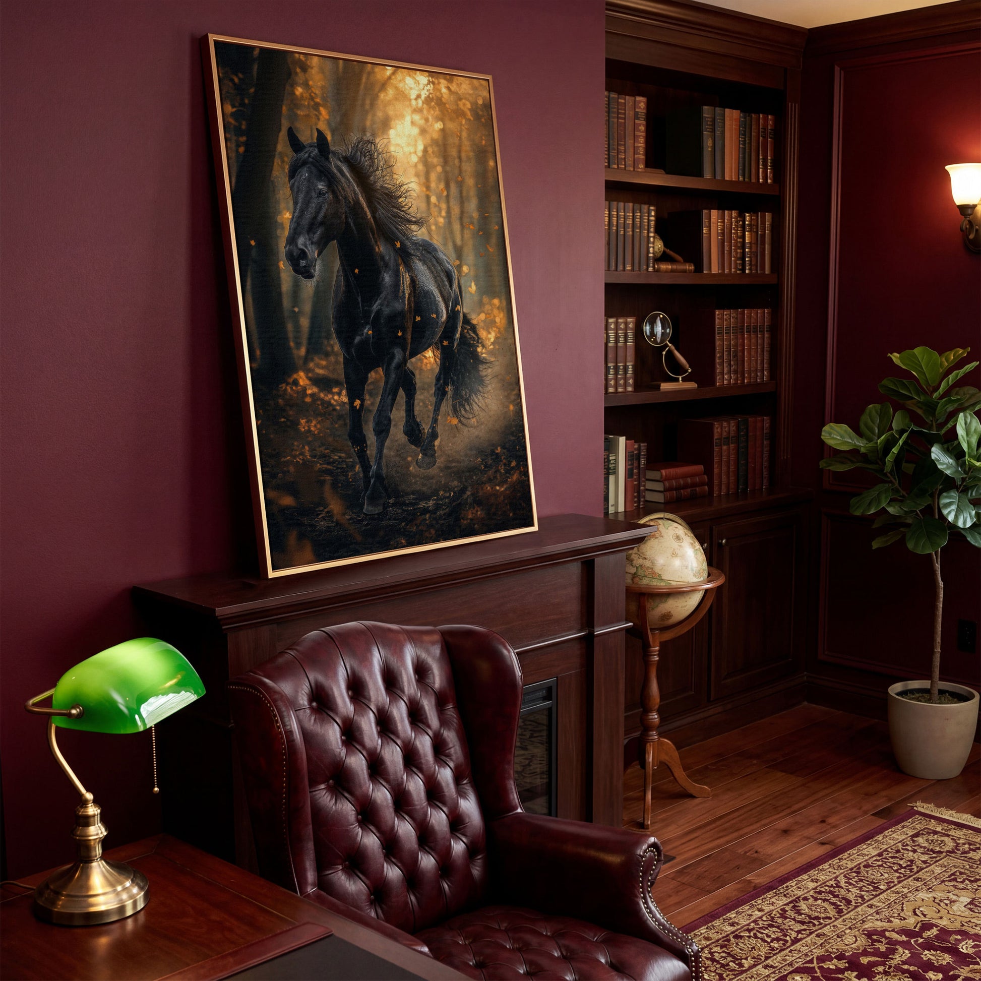 Black Horse in Autumn Forest Canvas in antique gold floating frame