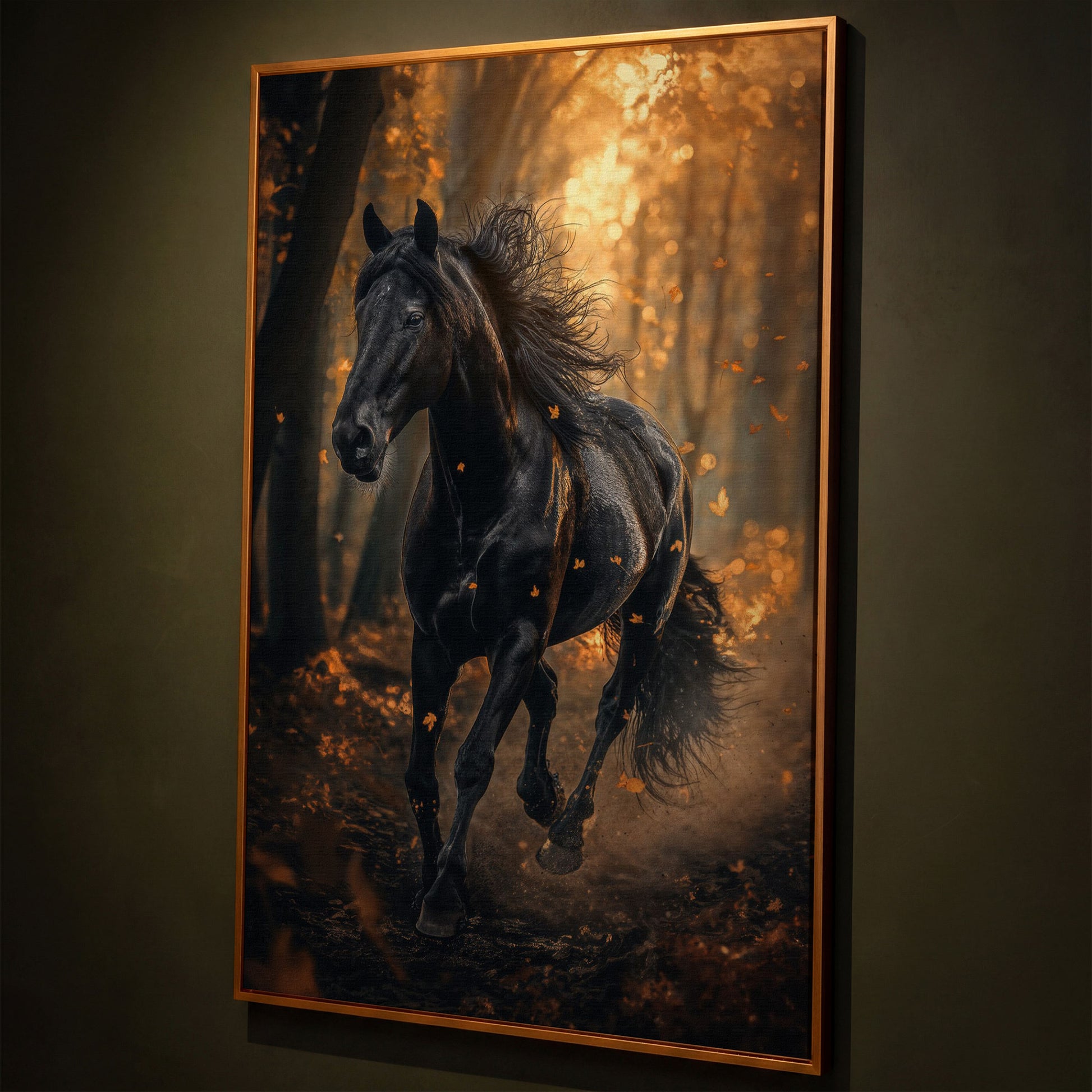Black Horse in Autumn Forest Canvas shown in antique gold floating frame