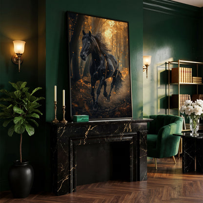 Black Horse in Autumn Forest Canvas in black floating frame