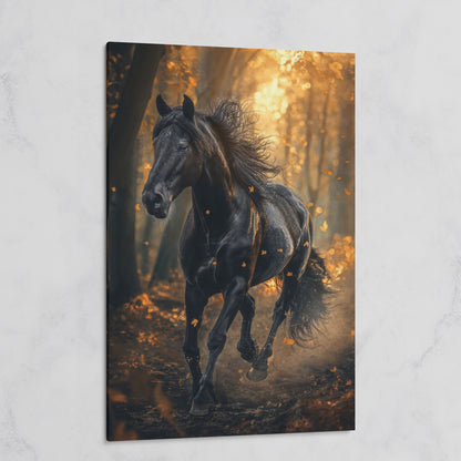 Black Horse in Autumn Forest Canvas on gallery wrap